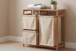 Massivholz Wäschekorb LAGOON SPA 70cm natur beige Bambus drei Wäschebeutel waschbar