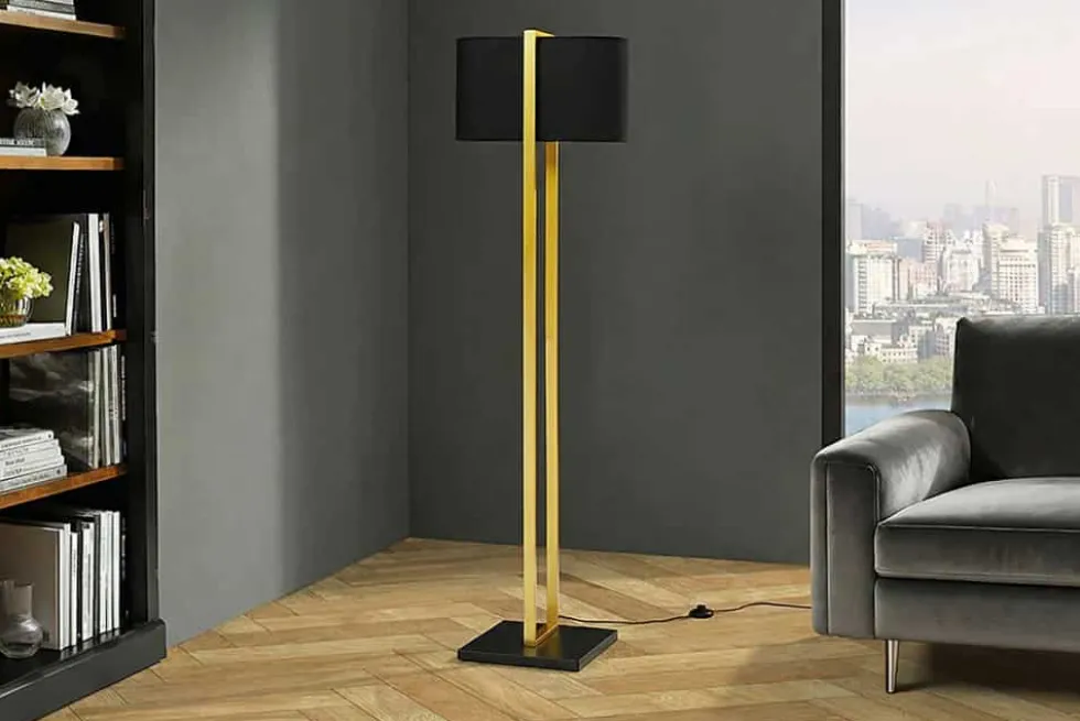 Minimalistische Stehlampe COLLEEN 160cm gold schwarz Stoffschirm mit Metallfuß