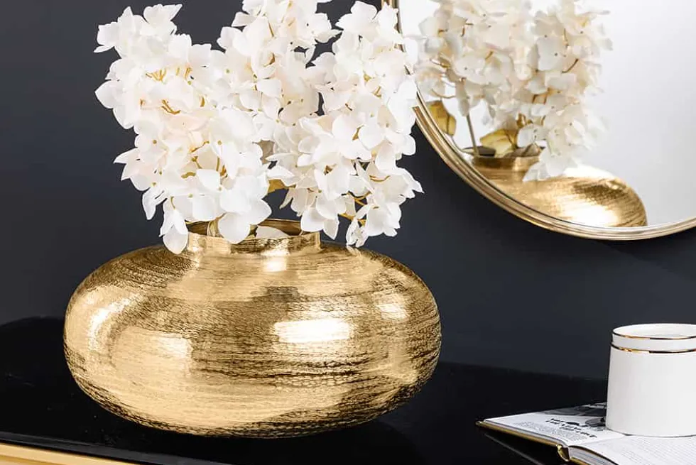Moderne Deko Vase ABSTRACT ORIENT 35cm gold rund Metall Hammerschlag-Design