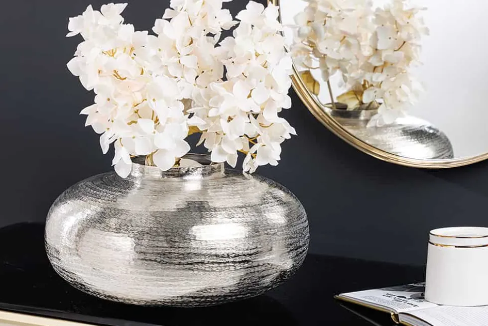 Moderne Deko Vase ABSTRACT ORIENT 35cm silber rund Metall Hammerschlag-Design