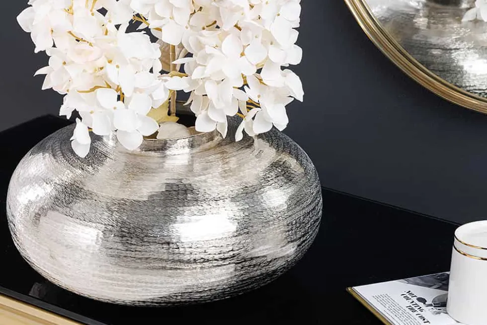 Moderne Deko Vase ABSTRACT ORIENT 35cm silber rund Metall Hammerschlag-Design