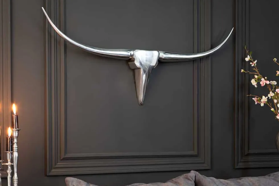 Moderne Design Wanddekoration BULL L 100cm silber Aluminium Stierkopf