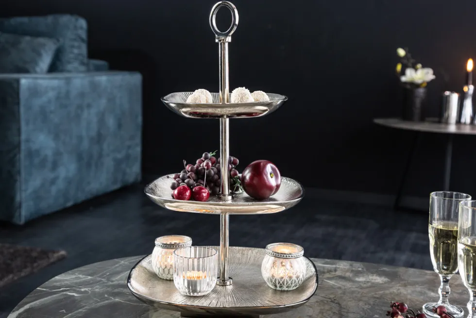Moderne Etagere ORIENT 45cm silber Hammerschlag-Design mit drei Etagen