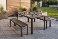 Moderne Gartenbank DESIGNO 130cm dunkelbraun schwarz Aluminium wetterfest Outdoor Sitzbank