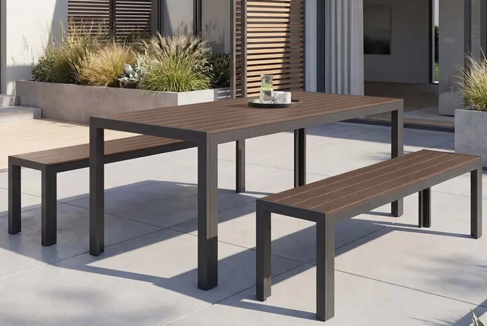 Moderne Gartenbank DESIGNO 180cm dunkelbraun schwarz Aluminium wetterfest Outdoor Sitzbank
