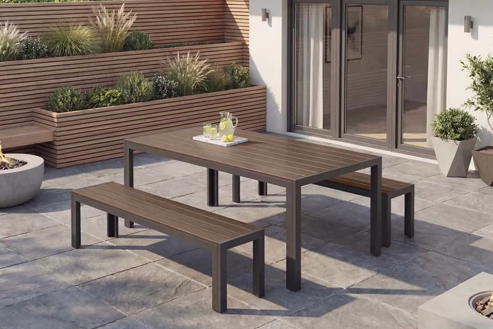 Moderne Gartenbank DESIGNO 180cm dunkelbraun schwarz Aluminium wetterfest Outdoor Sitzbank