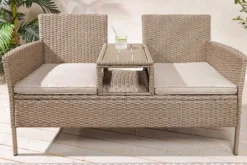 Moderne Gartenbank PORTOFINO 140cm natur beige Polyrattan Sitzbank mit Tisch wetterfest