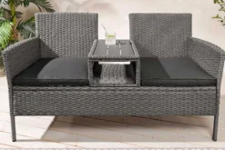 Moderne Gartenbank PORTOFINO 140cm grau Polyrattan Outdoor Sitzbank mit Tisch wetterfest