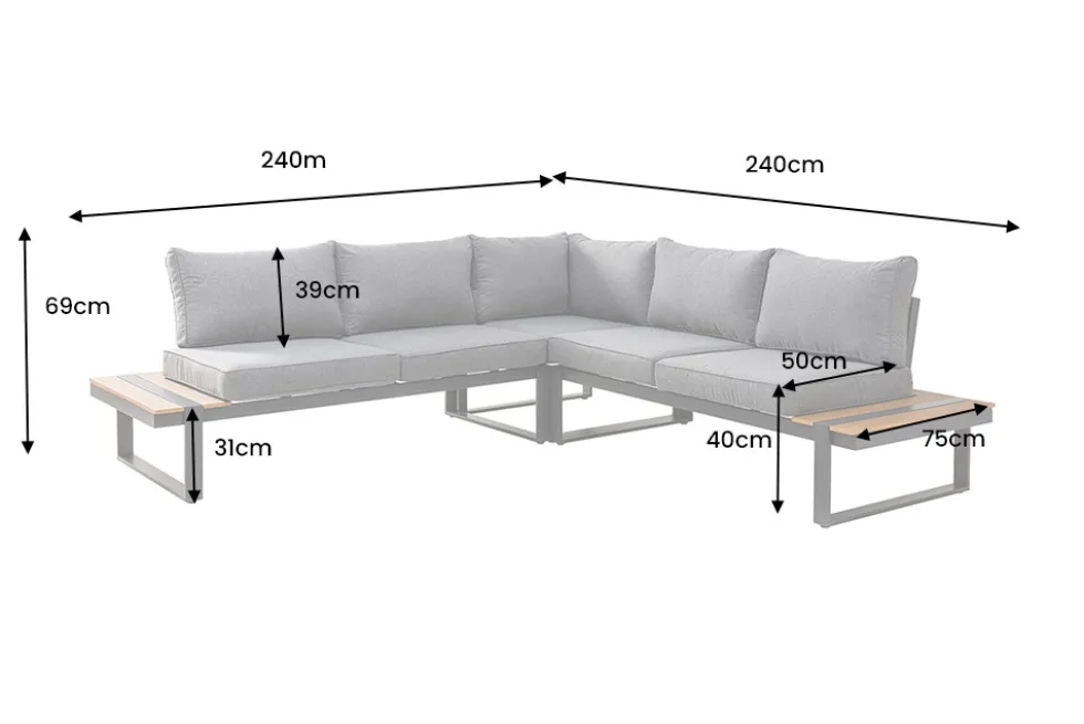 Moderne Garten Sitzgruppe TAMPA LOUNGE 240cm grau Aluminium wetterfest inkl. Sitzkissen