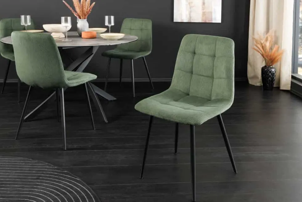 Moderner Design Stuhl TRES CHIC grün Cord schwarze Metallbeine Esszimmer