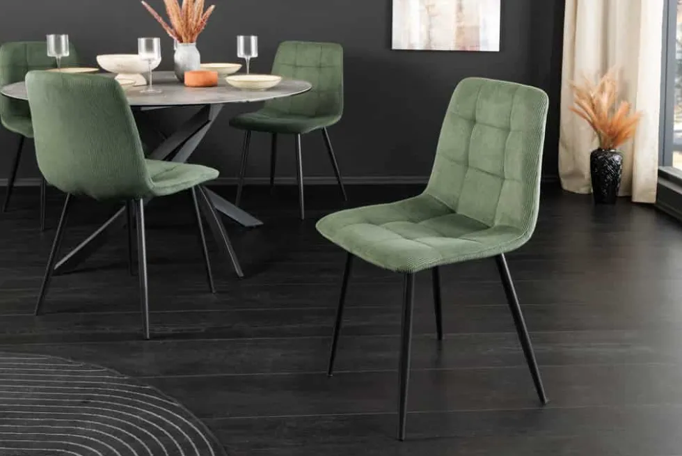 Moderner Design Stuhl TRES CHIC grün Cord schwarze Metallbeine Esszimmer