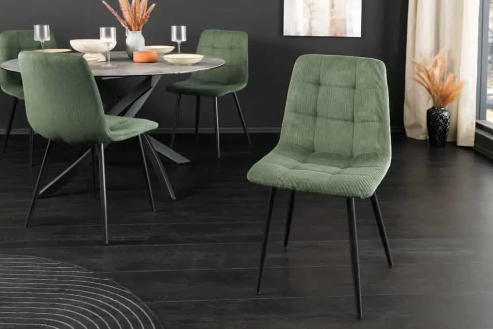 Moderner Design Stuhl TRES CHIC grün Cord schwarze Metallbeine Esszimmer