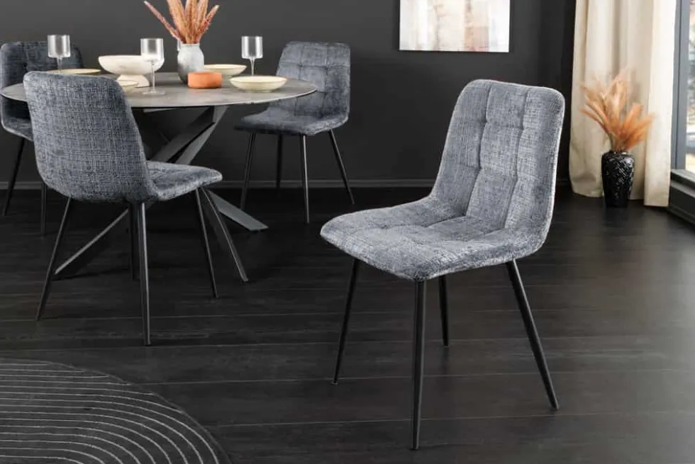 Moderner Design Stuhl TRES CHIC grau Chenille Cremona schwarze Metallbeine