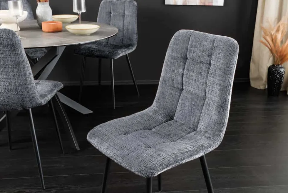 Moderner Design Stuhl TRES CHIC grau Chenille Cremona schwarze Metallbeine