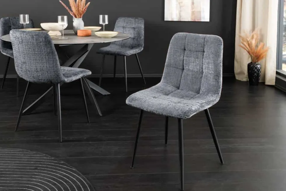 Moderner Design Stuhl TRES CHIC grau Chenille Cremona schwarze Metallbeine