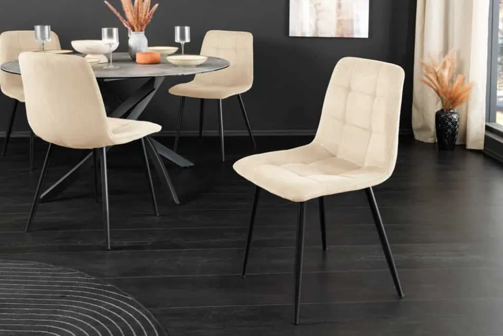Moderner Design Stuhl TRES CHIC beige Cord schwarze Metallbeine Esszimmer