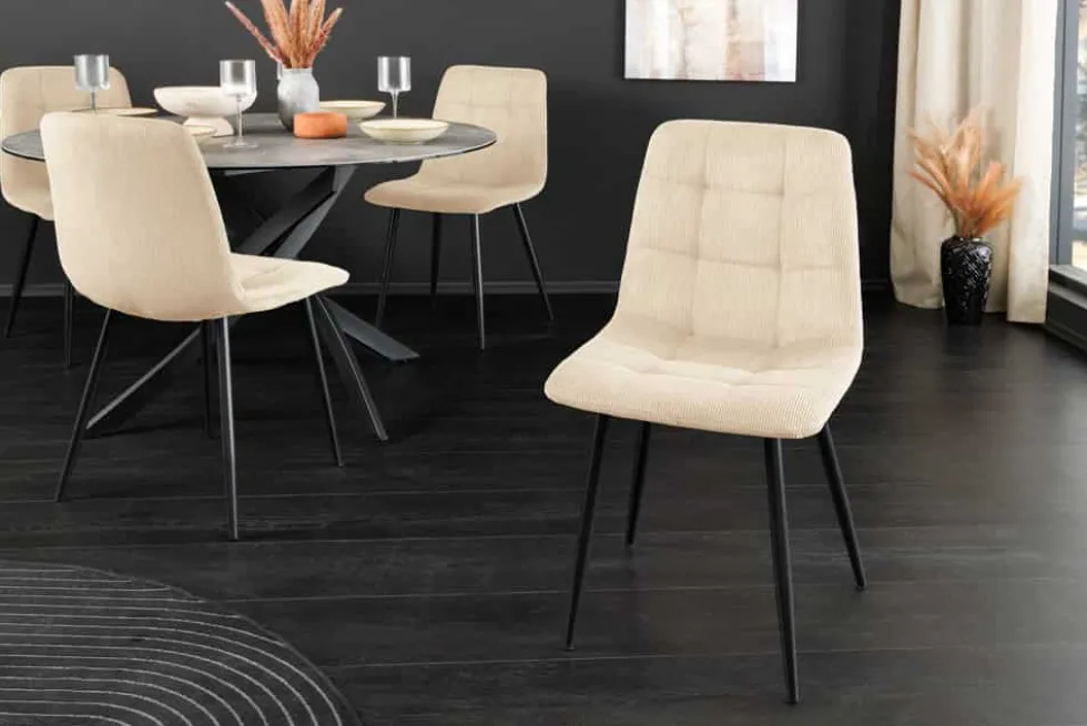 Moderner Design Stuhl TRES CHIC beige Cord schwarze Metallbeine Esszimmer