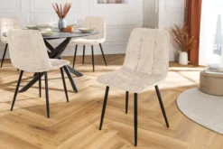 Moderner Design Stuhl TRES CHIC champagner greige Chenille Cremona schwarze Metallbeine