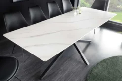 Moderner Esstisch GALAXIE 160cm weiß Keramik Marmor-Design glänzend Metallgestell schwarz