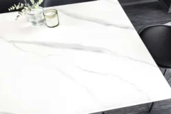 Moderner Esstisch GALAXIE 160cm weiß Keramik Marmor-Design glänzend Metallgestell schwarz
