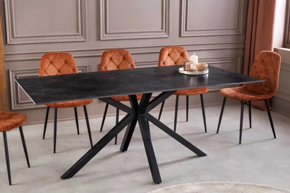 Moderner Esstisch GALAXIE 180cm anthrazit Keramik schwarz Metall Sterngestell