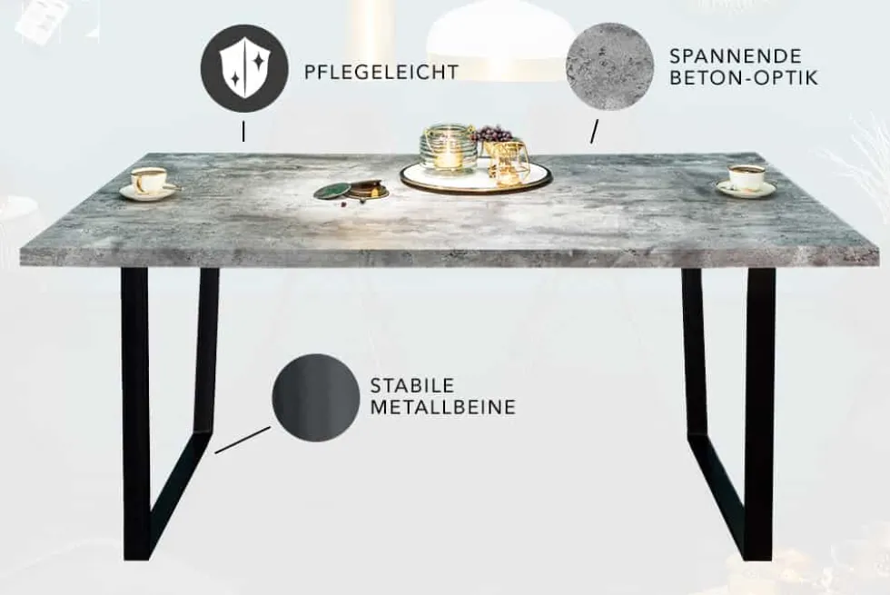 Moderner Esstisch LOFT 160cm grau Beton-Design schwarze Metallbeine Kufengestell Industrial