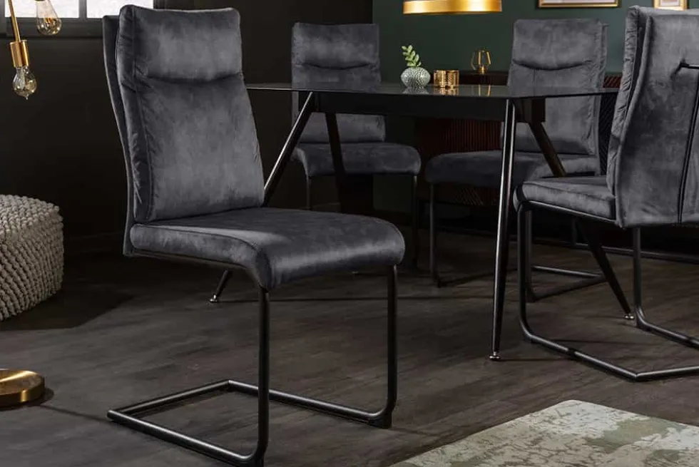 Moderner Freischwinger Stuhl COMFORT grau Samt mit Komfortgriff