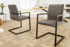 Moderner Freischwinger Stuhl LOFT taupe grau Microfaser mit Armlehne Eisengestell schwarz