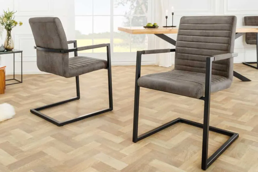 Moderner Freischwinger Stuhl LOFT taupe grau Microfaser mit Armlehne Eisengestell schwarz