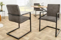 Moderner Freischwinger Stuhl LOFT taupe grau Microfaser mit Armlehne Eisengestell schwarz