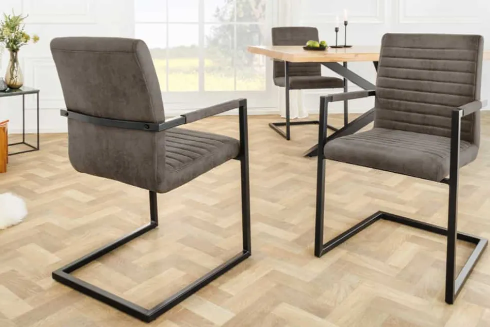 Moderner Freischwinger Stuhl LOFT taupe grau Microfaser mit Armlehne Eisengestell schwarz
