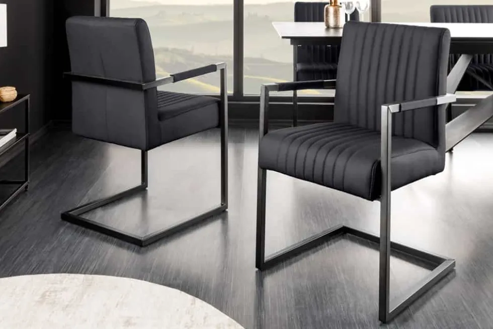 Moderner Freischwinger Stuhl BIG ASTON Echtleder schwarz Taschenfederkern Metall