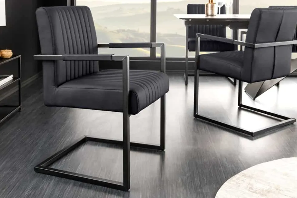 Moderner Freischwinger Stuhl BIG ASTON Echtleder schwarz Taschenfederkern Metall