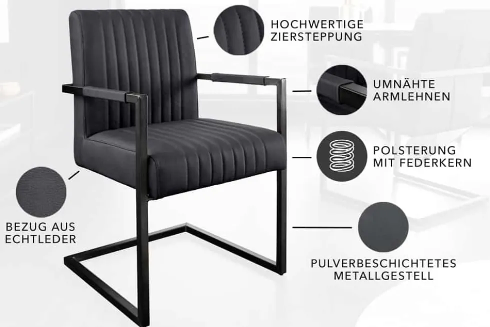 Moderner Freischwinger Stuhl BIG ASTON Echtleder schwarz Taschenfederkern Metall
