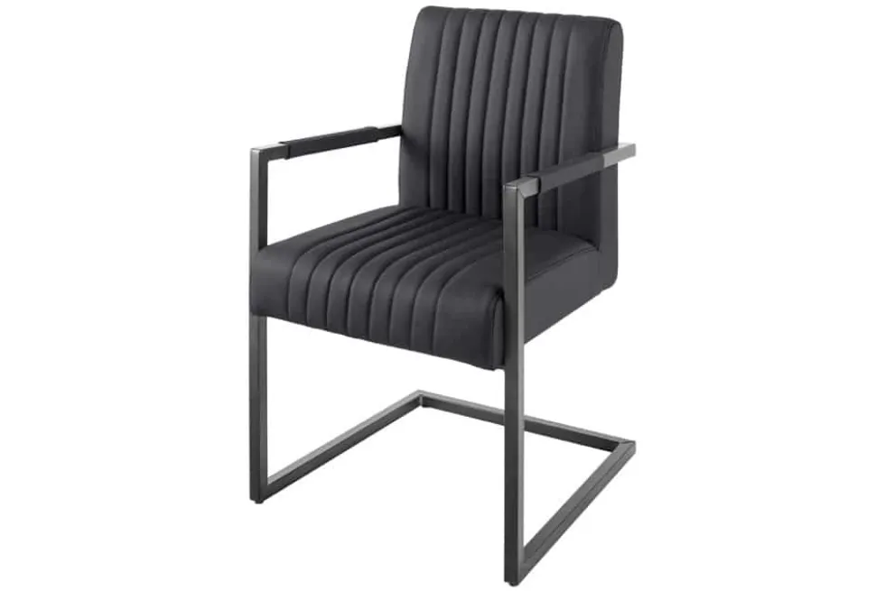 Moderner Freischwinger Stuhl BIG ASTON Echtleder schwarz Taschenfederkern Metall