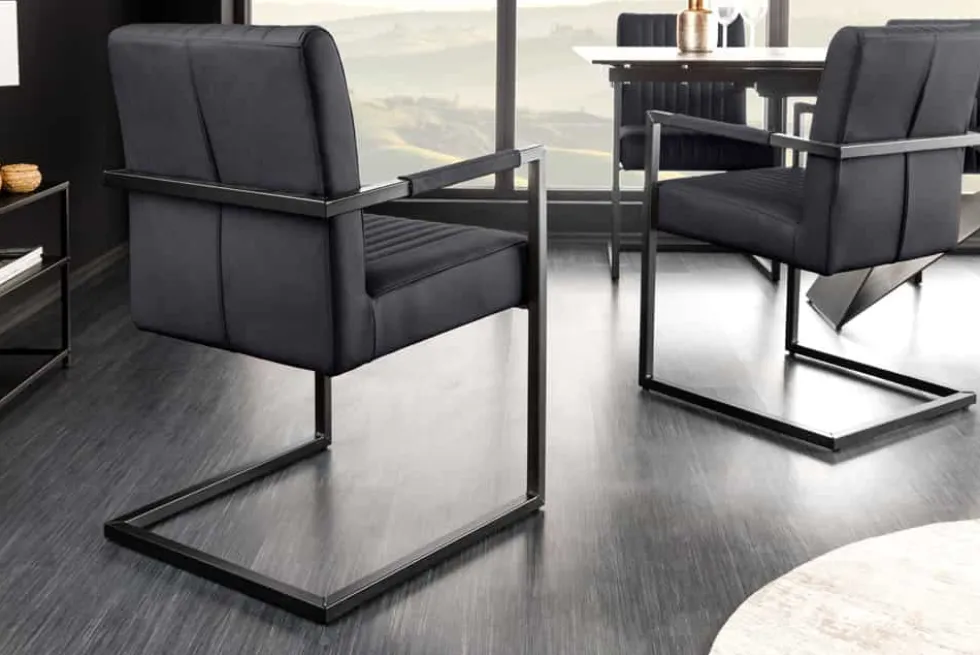 Moderner Freischwinger Stuhl BIG ASTON Echtleder schwarz Taschenfederkern Metall