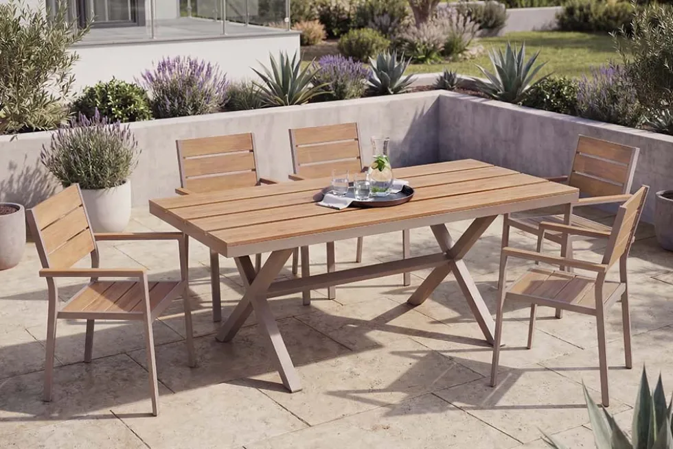 Moderner Gartentisch DESIGNO 150cm natur greige Aluminium wetterfest X-Gestell