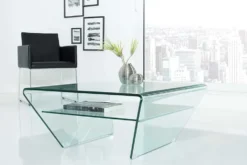 Moderner Glas Couchtisch FANTOME 70cm Trapez mit Ablage transparent