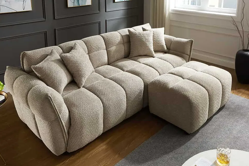 Moderner Hocker CLOUD 100cm champagner greige Bouclé Federkern Fußhocker Sitzhocker