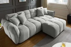 Moderner Hocker CLOUD 100cm grau Bouclé Federkern Fußhocker Sitzhocker