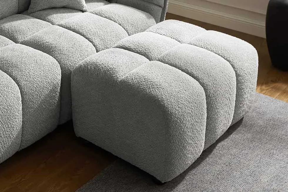 Moderner Hocker CLOUD 100cm grau Bouclé Federkern Fußhocker Sitzhocker