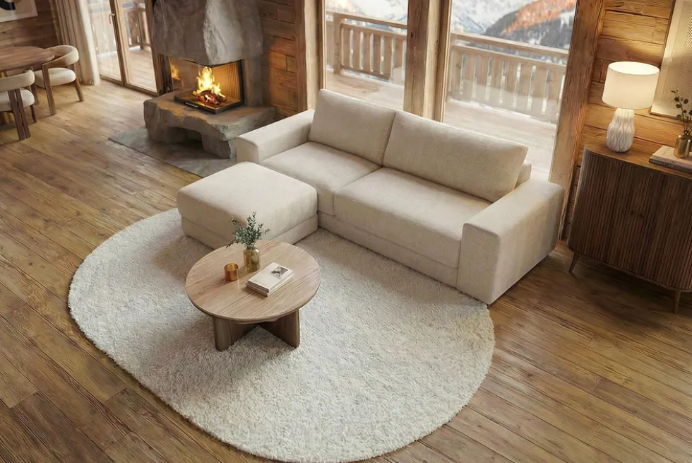 Moderner Hocker LOFT 75cm champagner beige Chenille Nosagfederung Taschenfederkern