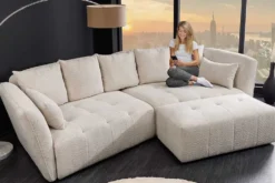 Moderner Hocker ROYAL 120cm champagner beige Bouclé Federkern Sitzhocker