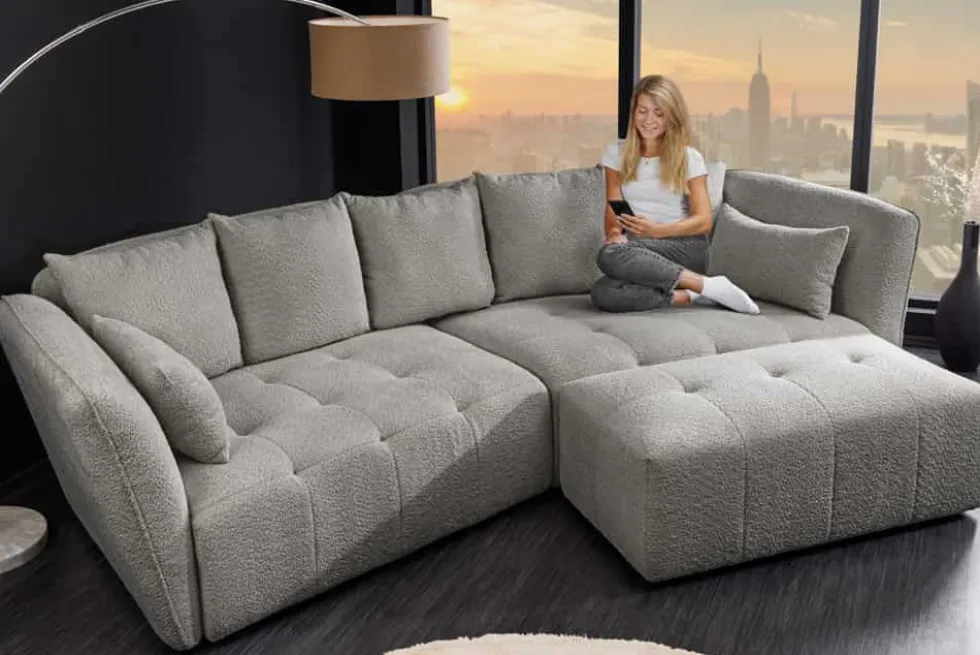 Moderner Hocker ROYAL 120cm grau Bouclé Federkern Sitzhocker Fußhocker