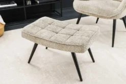 Moderner Hocker SCANDINAVIA champagner greige Bouclé schwarze Metallbeine Fußhocker