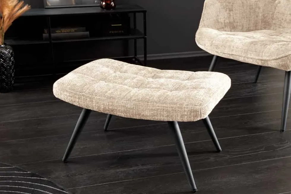 Moderner Hocker SCANDINAVIA champagner Chenille Cremona Metallbeine Fußhocker