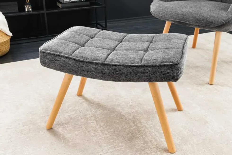 Moderner Hocker SCANDINAVIA grau Strukturstoff Massivholz-Beine Fußhocker
