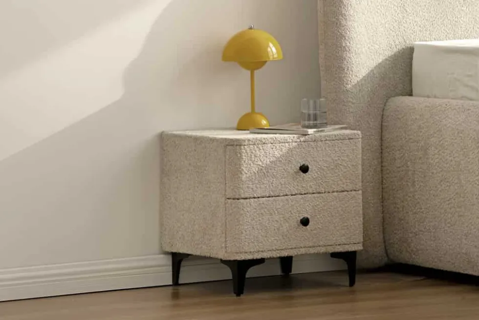 Moderner Nachttisch ART DECO 45cm greige Bouclé mit Schubladen schwarz Metall