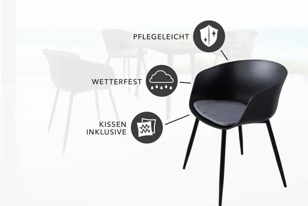 Moderner Stuhl DESIGNO schwarz Kunststoff Gartenstuhl mit Armlehnen Indoor Outdoor