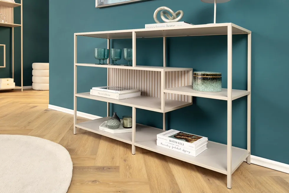 Modernes Bücherregal SLIM LINE 115cm champagner beige Metallgestell fünf Regalböden